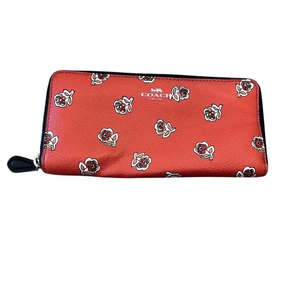 Coach Wallet Womens One Size Red Floral Slim Accordion Zip-Around Wallet